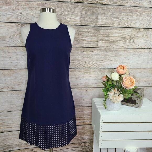 Ann Taylor LOFT Navy Blue Sleeveless Round Neck Eyelet Mini Sheath Dress Size 0 - Picture 1 of 6
